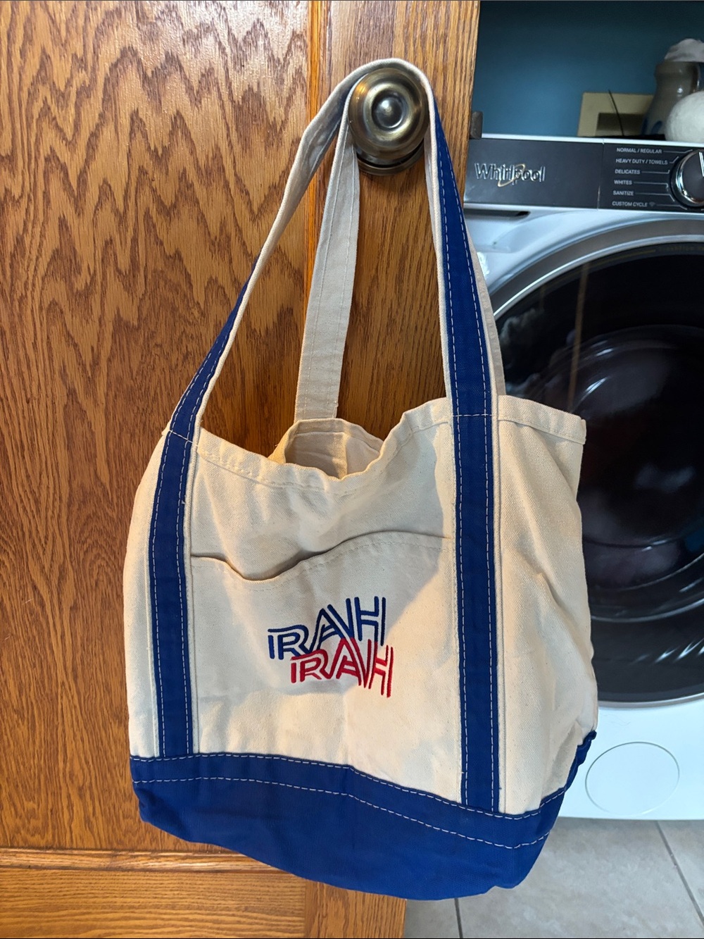 Canvas Tote Bag in Cream and Blue with 'RAH RAH' Embroidery